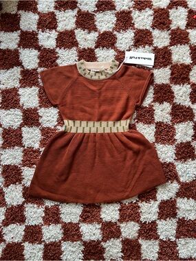 Misha And Puff Keyboard Dress Rust Knit with Cream & Green Trim NWT